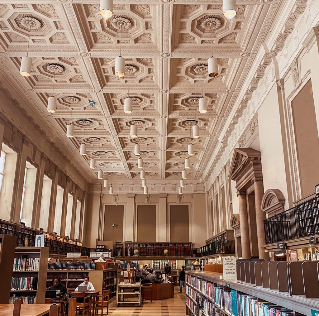bookshelves and desks in Free Library of Philadelphia.