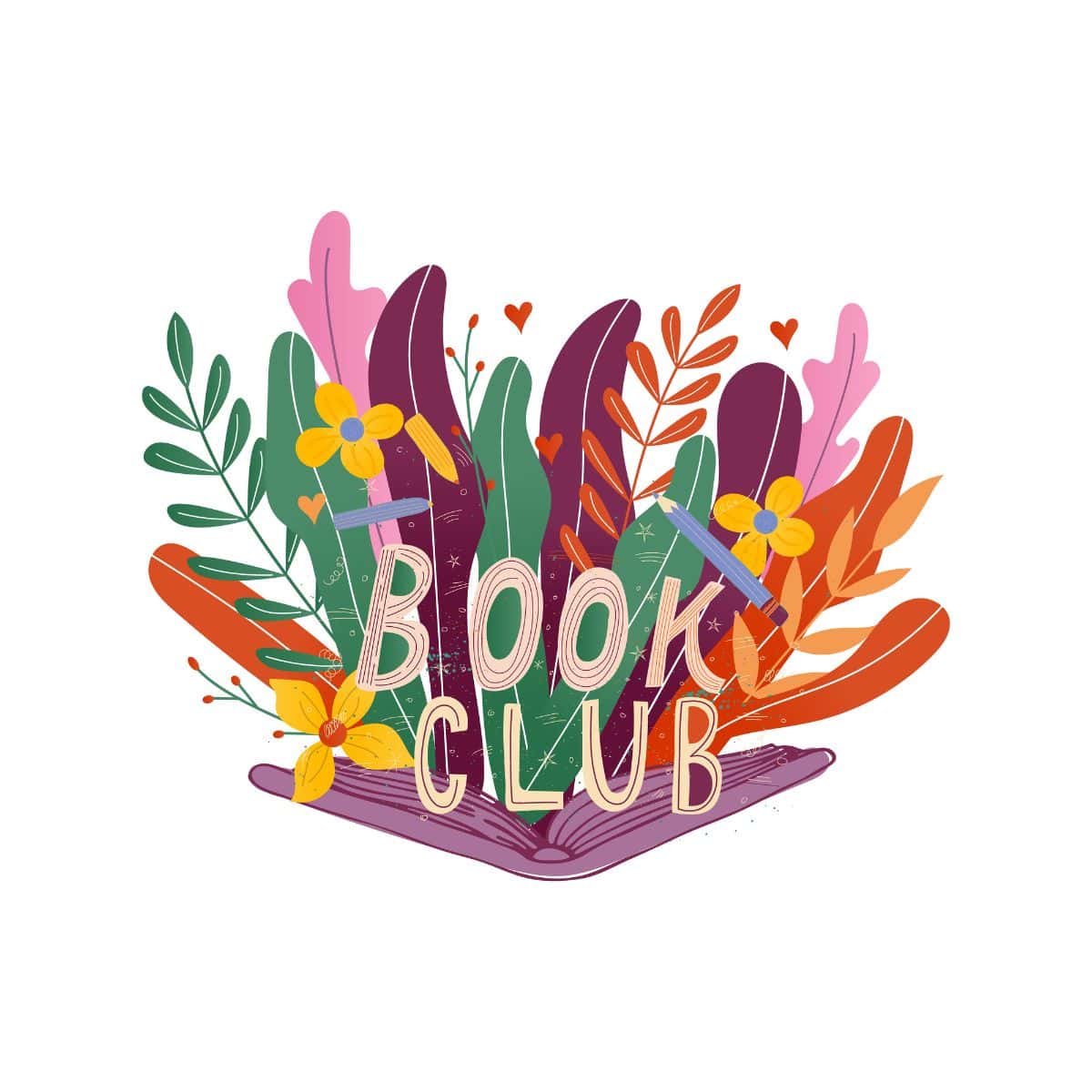 illustrated image with an open book and flowers with text that says book club.