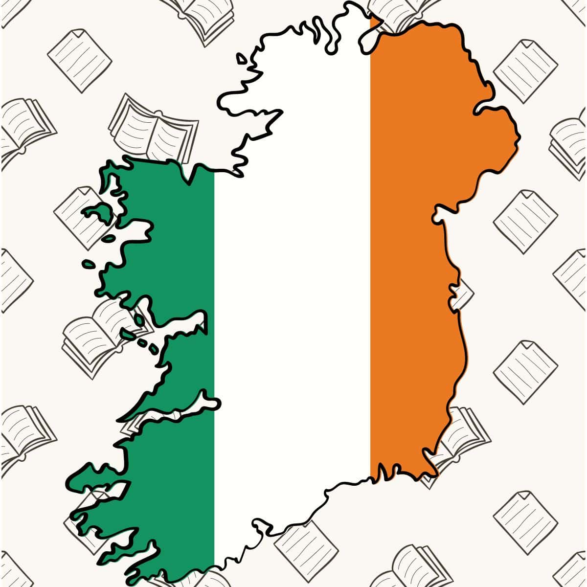 shape of ireland over a background of books.