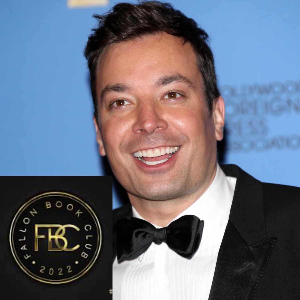 jimmy fallon with logo of the fallon book club.