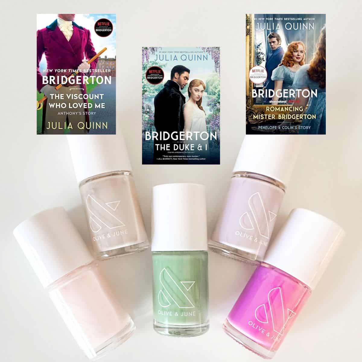 collection of bridgerton inspired nail polish bottles.