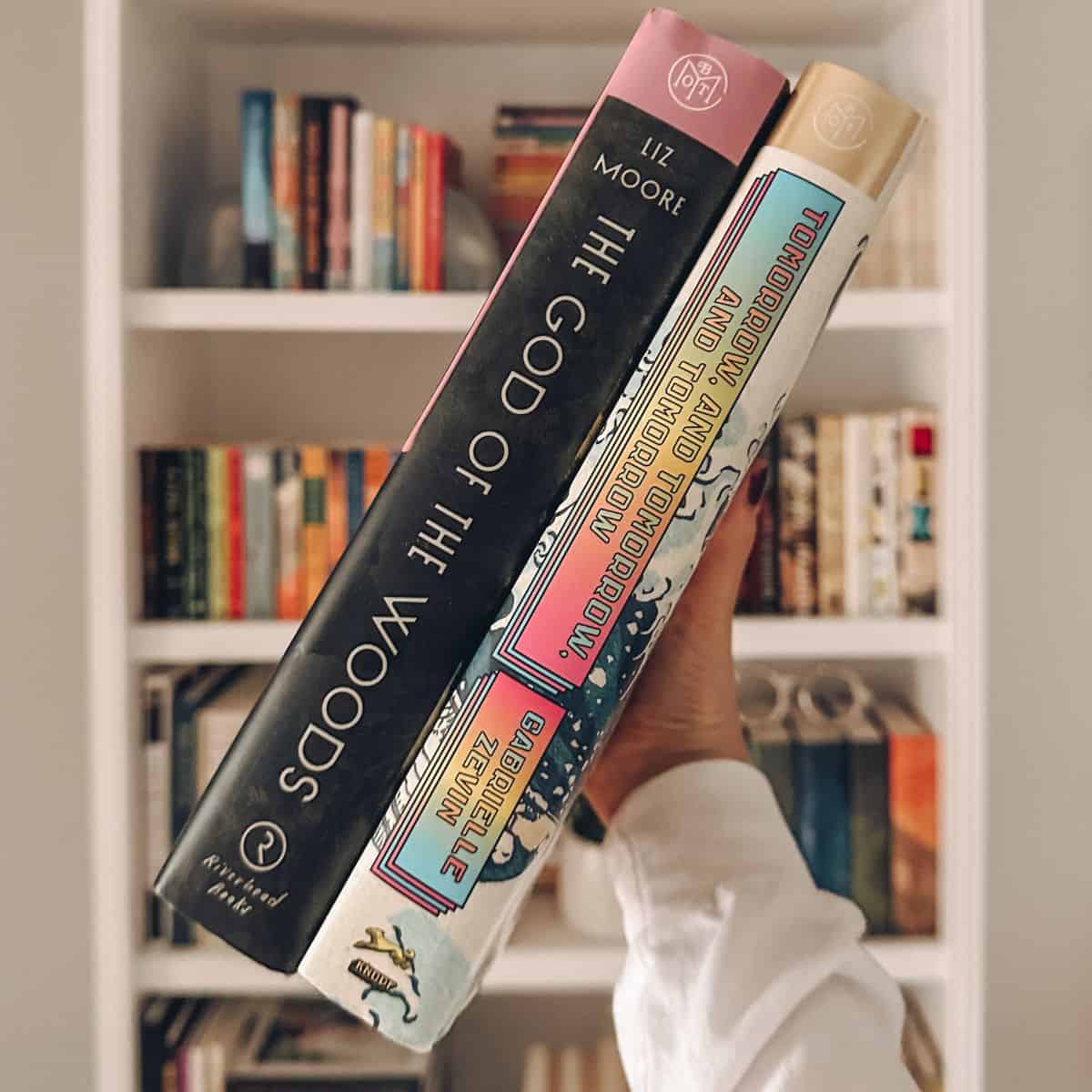 collection of fallon book club books in front of a bookcase.