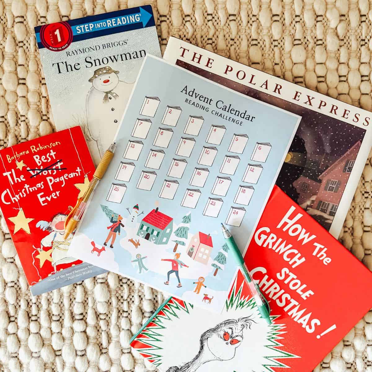 collection of christmas books with printable advent calendar for the christmas reading challenge.