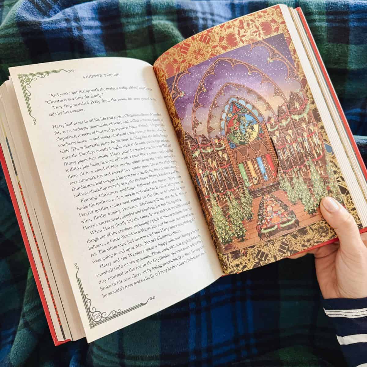 harry potter book opened to a christmas page.