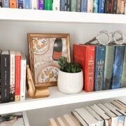 my collection of books and book accessory gifts on a bookshelf.