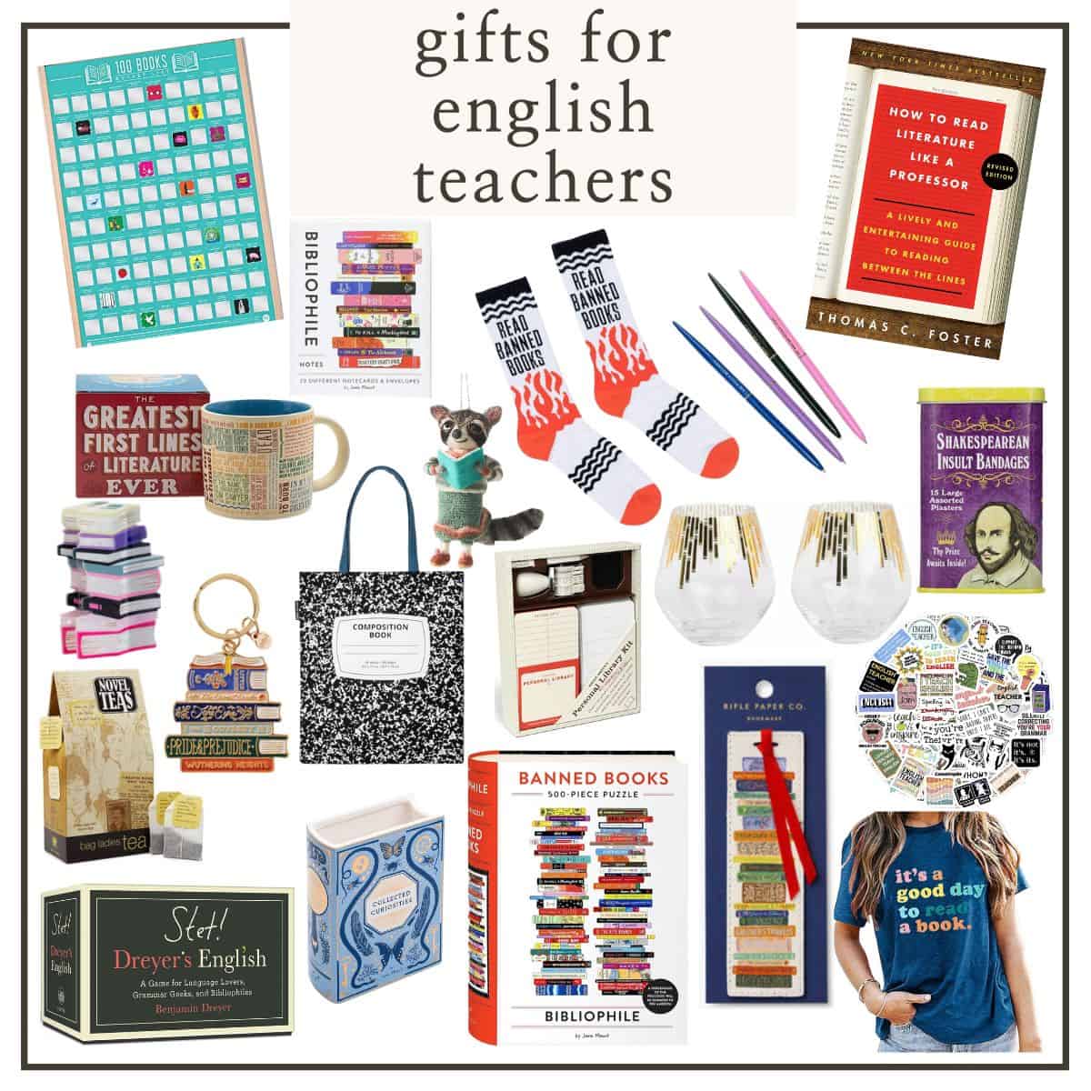 collage of gifts for english teachers.