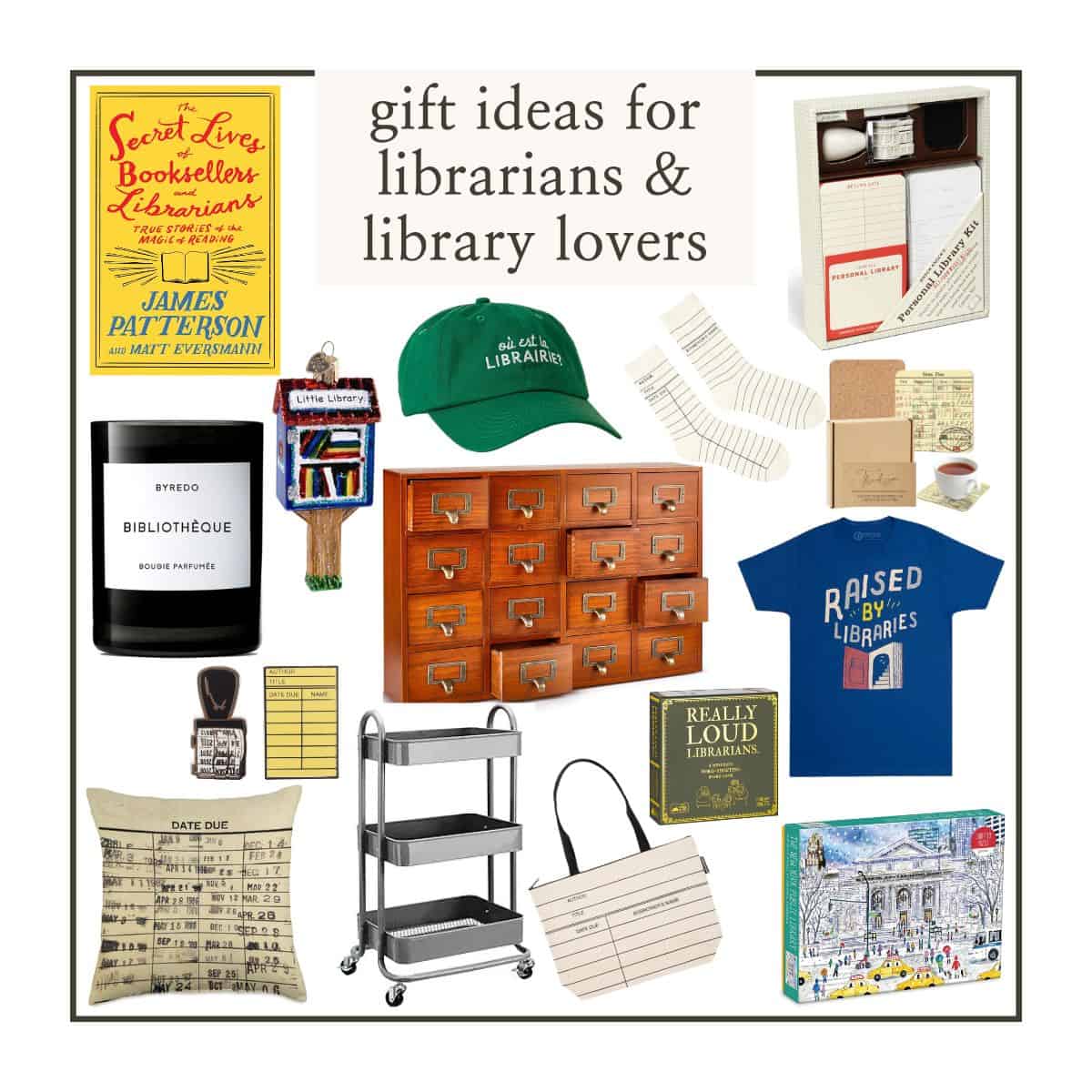 collage of gift ideas for librarians and library lovers.