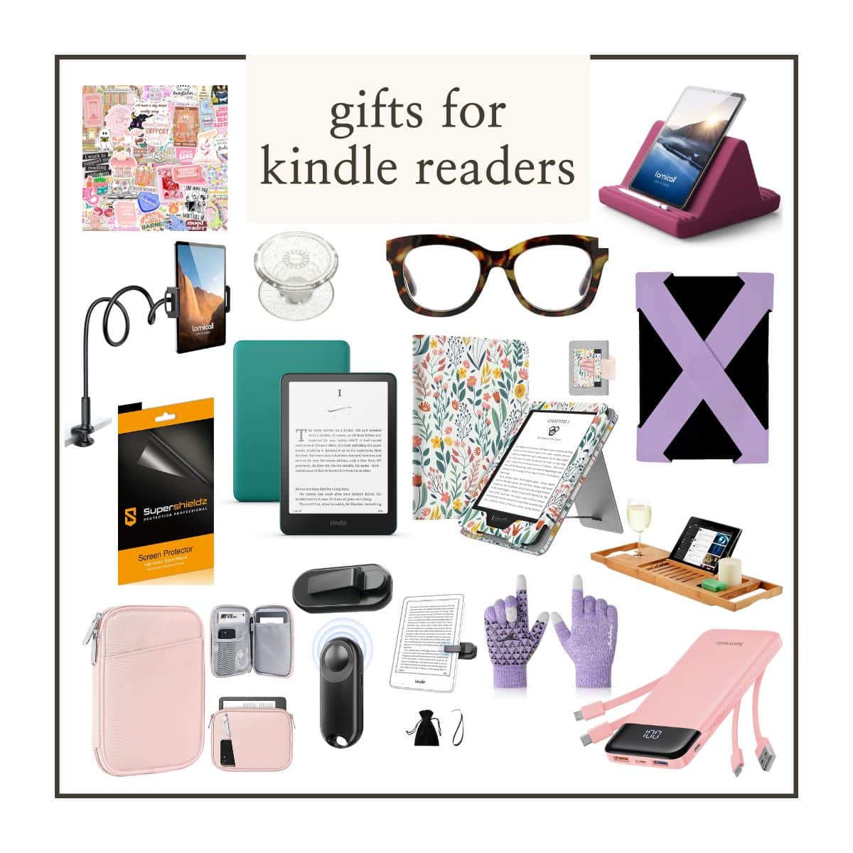 collage of gifts for kindle readers.