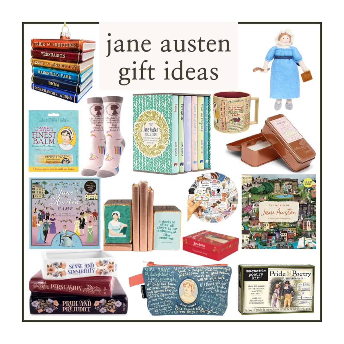 collage of jane austen gift ideas.