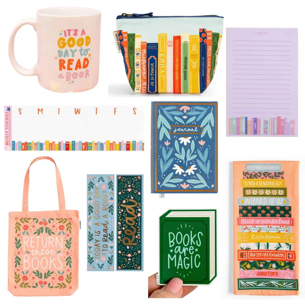 collage of small gifts for book lovers from pippi post.