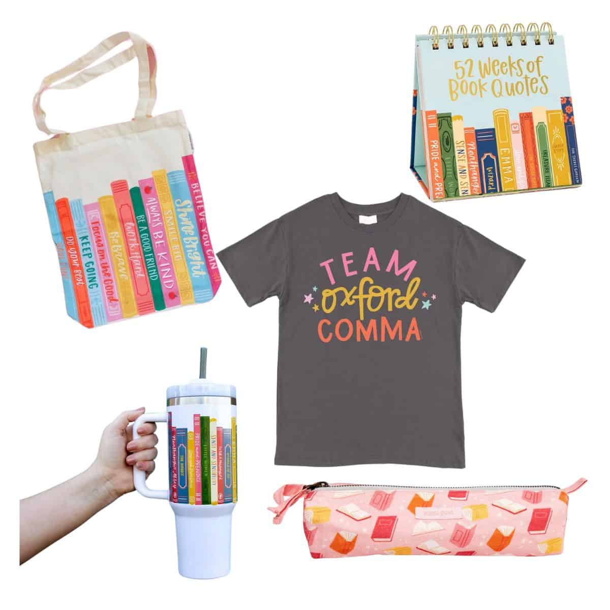 collage of english teacher gift ideas from pippi post.