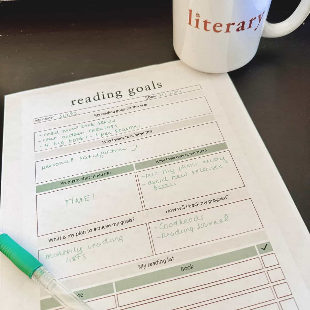 my reading goals log with a mug that says literary.