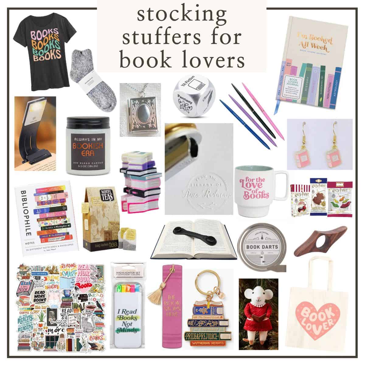 collage of stocking stuffers for book lovers.