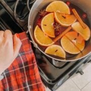 Ingredients for red mulled wine in a pot on the stove top.