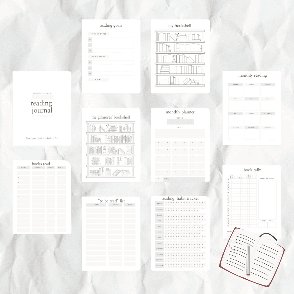 collage of reading journal printables.