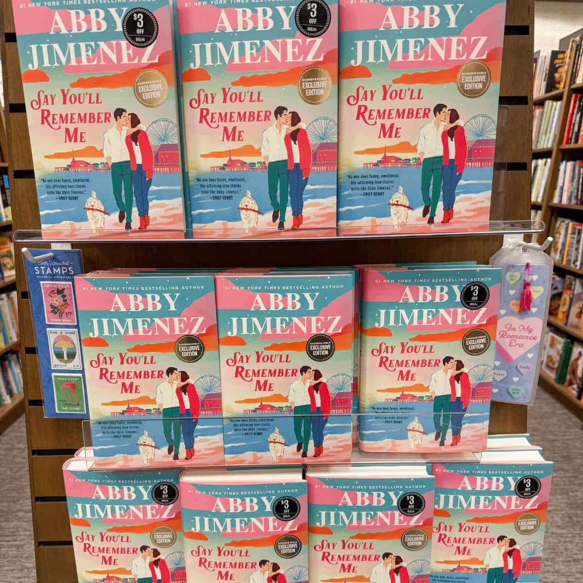 display of say you'll remember me books by abby jimenez.