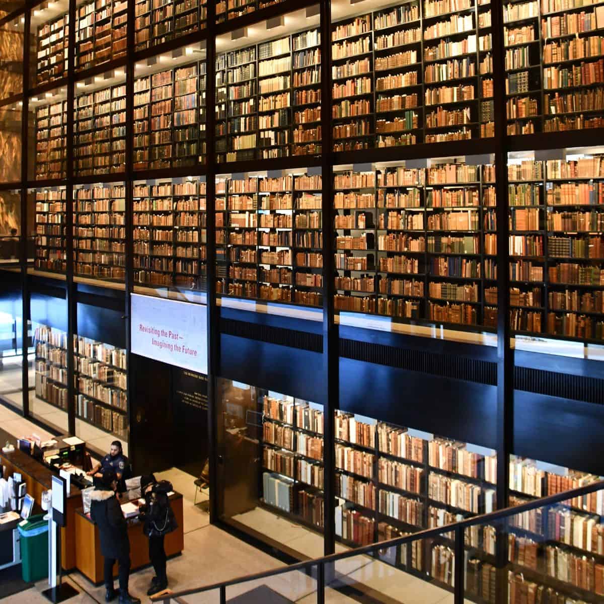 shelves in the Beinecke Rare Book & Manuscript Library.