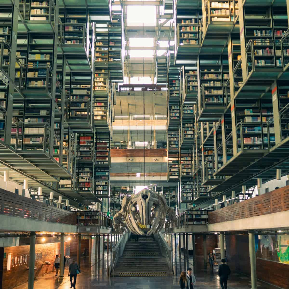 stairs and shelves in Biblioteca Vasconcelos in Mexico.