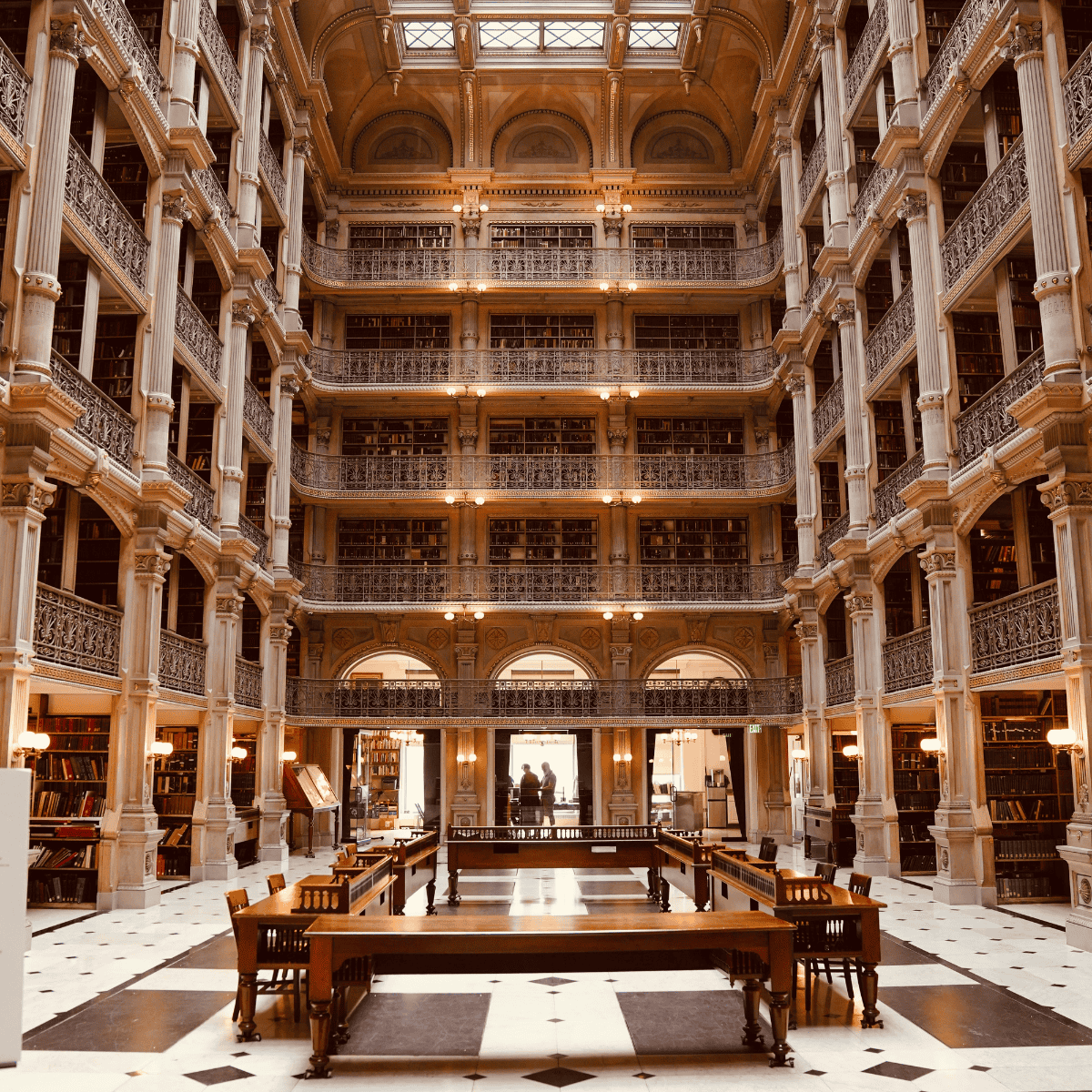 open foyer in the peabody library in baltimore, maryland.