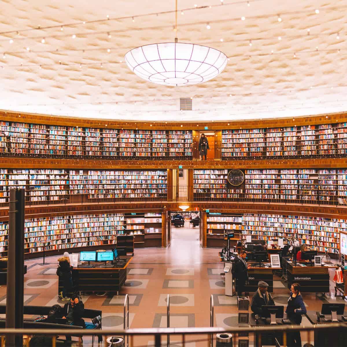 shelves and desks in the stockholm public library.