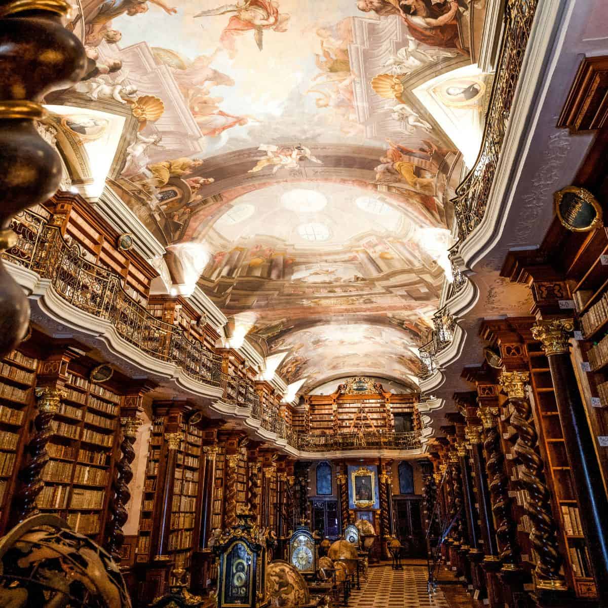 ceiling and books in the strahov monastery library.
