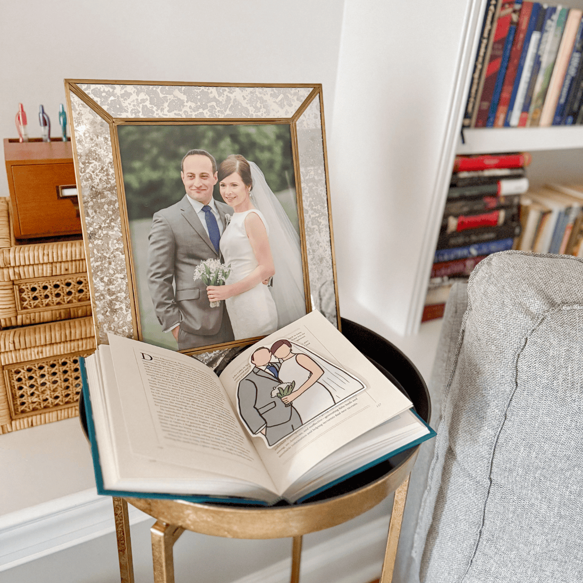 wedding portrait and book with wedding bookmark.
