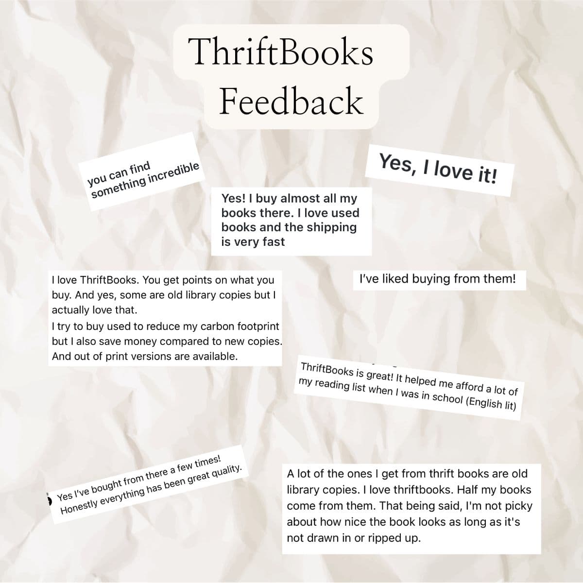 Collection of feedback about thriftbooks from my followers.